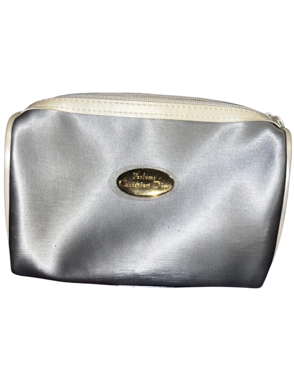Christian Dior Silver Metallic Cosmetic Pouch with White Trim